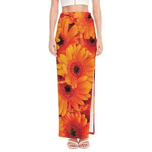 Orange Daisy Flower Print High Slit Maxi Skirt