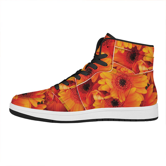 Orange Daisy Flower Print High Top Leather Sneakers