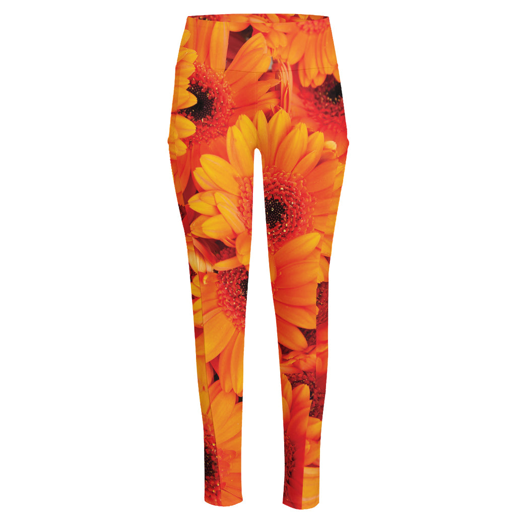 Orange Daisy Flower Print High-Waisted Pocket Leggings