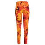 Orange Daisy Flower Print High-Waisted Pocket Leggings