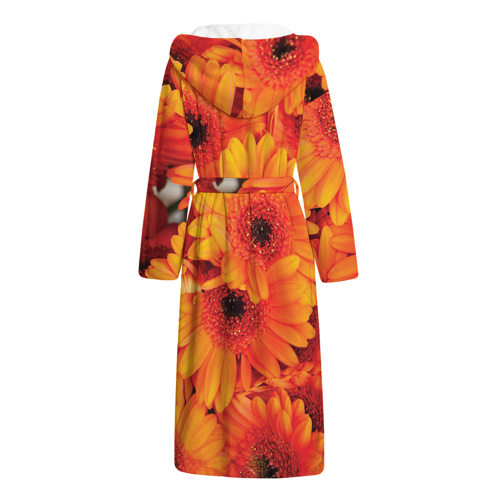 Orange Daisy Flower Print Hooded Bathrobe