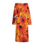 Orange Daisy Flower Print Hooded Bathrobe