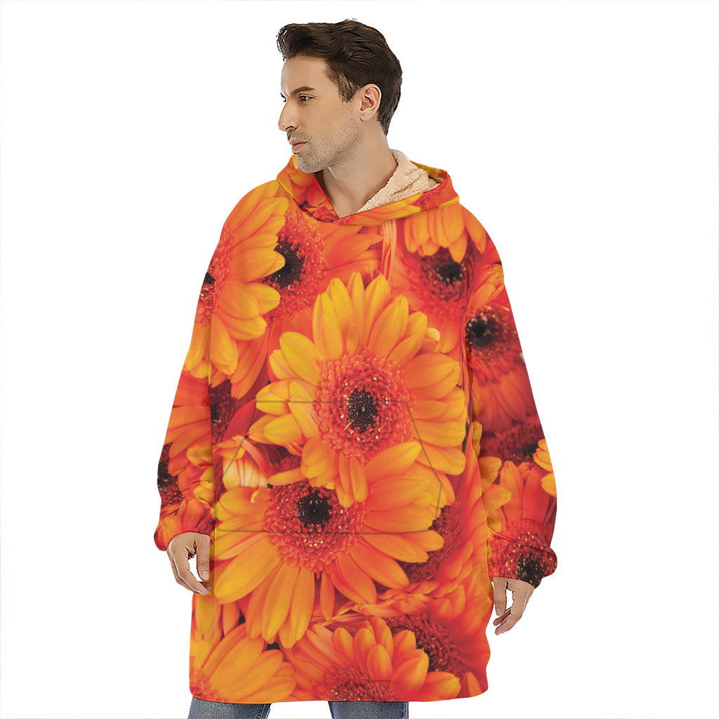 Orange Daisy Flower Print Hoodie Blanket