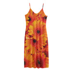Orange Daisy Flower Print Jersey Midi Cami Dress