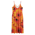 Orange Daisy Flower Print Jersey Midi Cami Dress