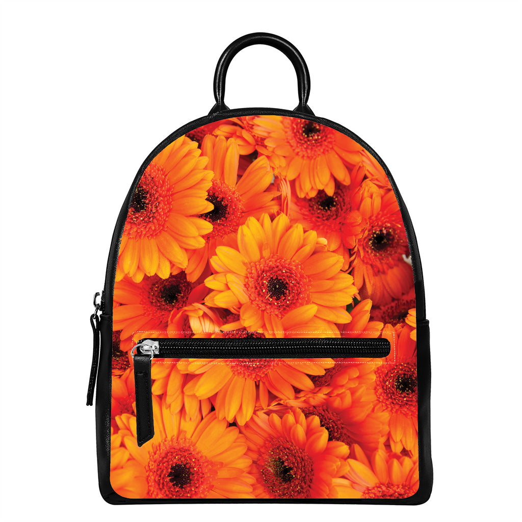 Orange Daisy Flower Print Leather Backpack