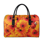 Orange Daisy Flower Print Leather Duffle Bag