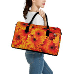 Orange Daisy Flower Print Leather Duffle Bag
