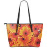 Orange Daisy Flower Print Leather Tote Bag