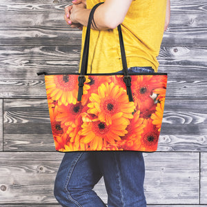 Orange Daisy Flower Print Leather Tote Bag