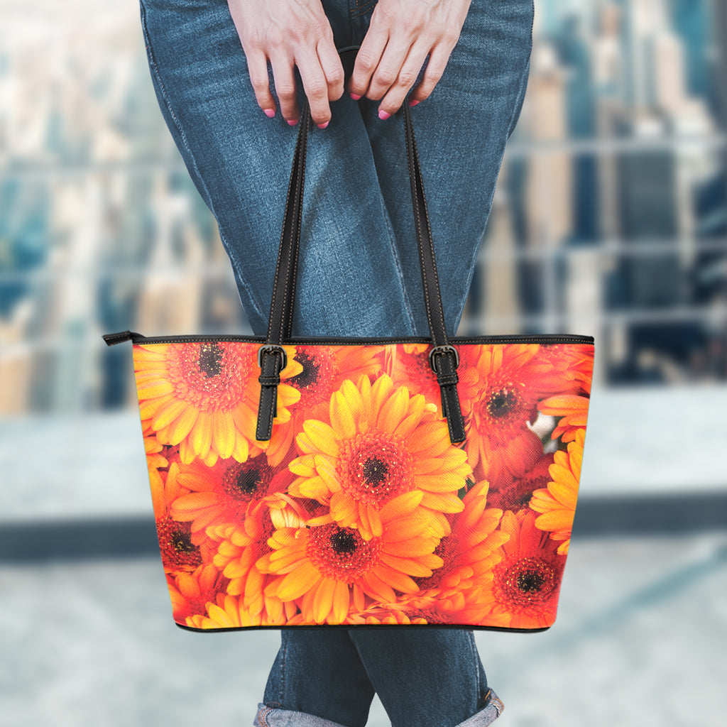 Orange Daisy Flower Print Leather Tote Bag