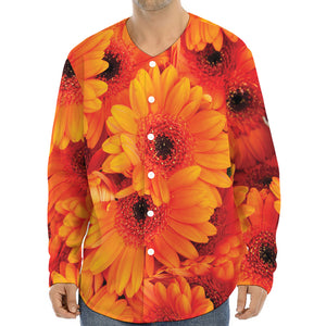 Orange Daisy Flower Print Long Sleeve Baseball Jersey