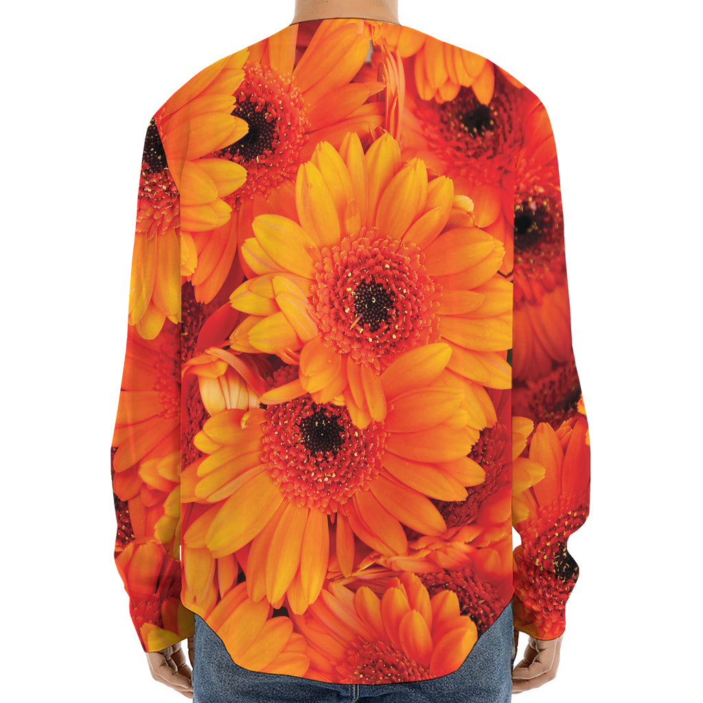 Orange Daisy Flower Print Long Sleeve Baseball Jersey