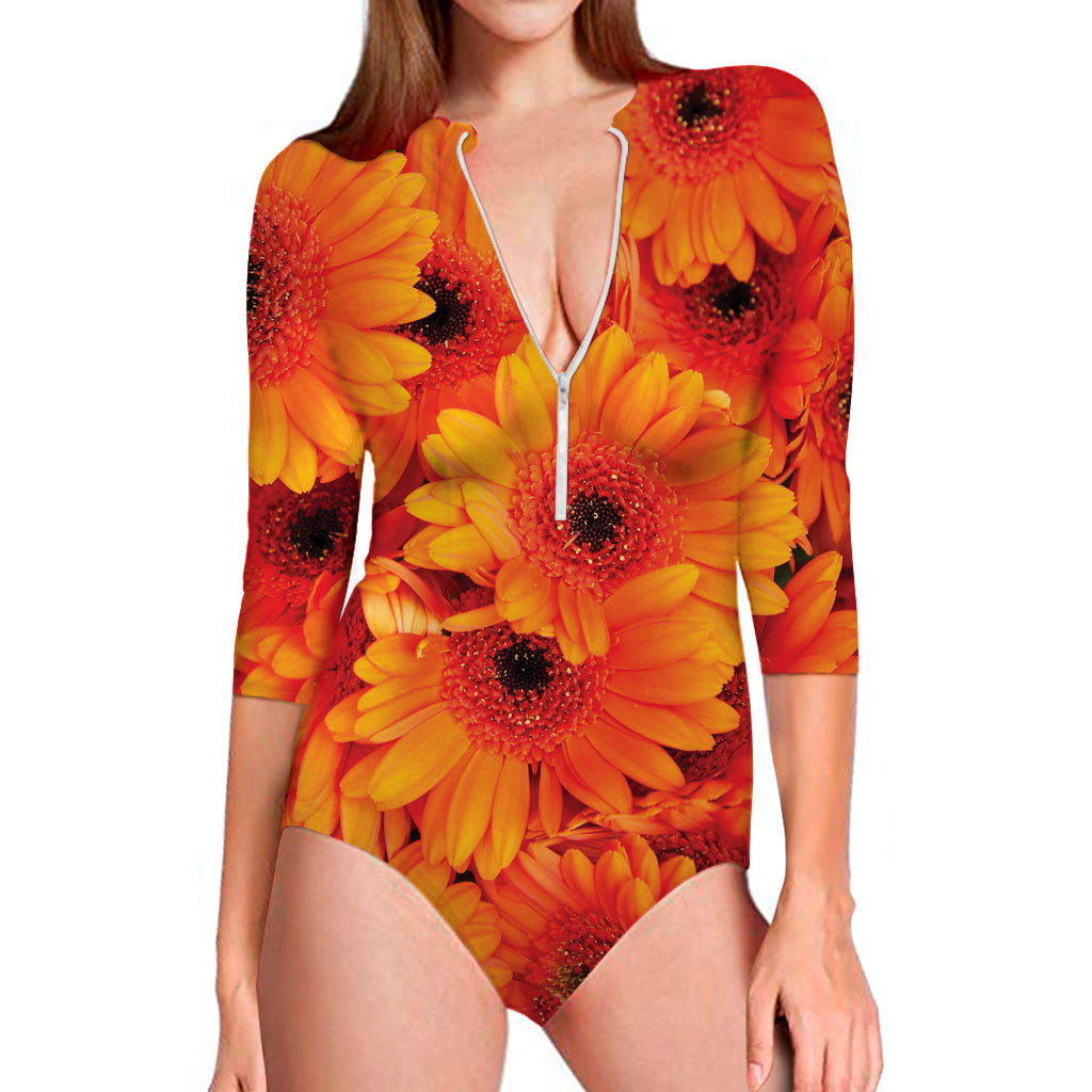 Orange Daisy Flower Print Long Sleeve Swimsuit