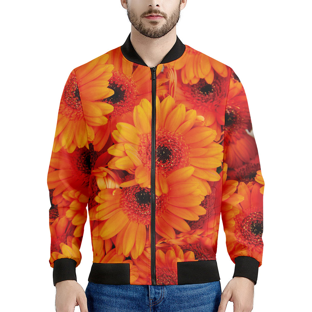 Orange Daisy Flower Print Men's Bomber Jacket