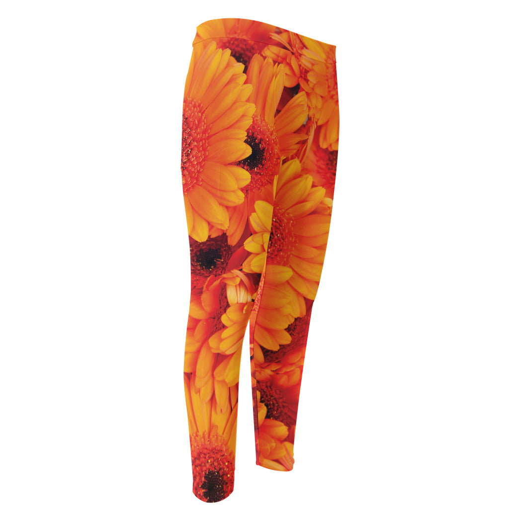 Orange Daisy Flower Print Men's Compression Pants