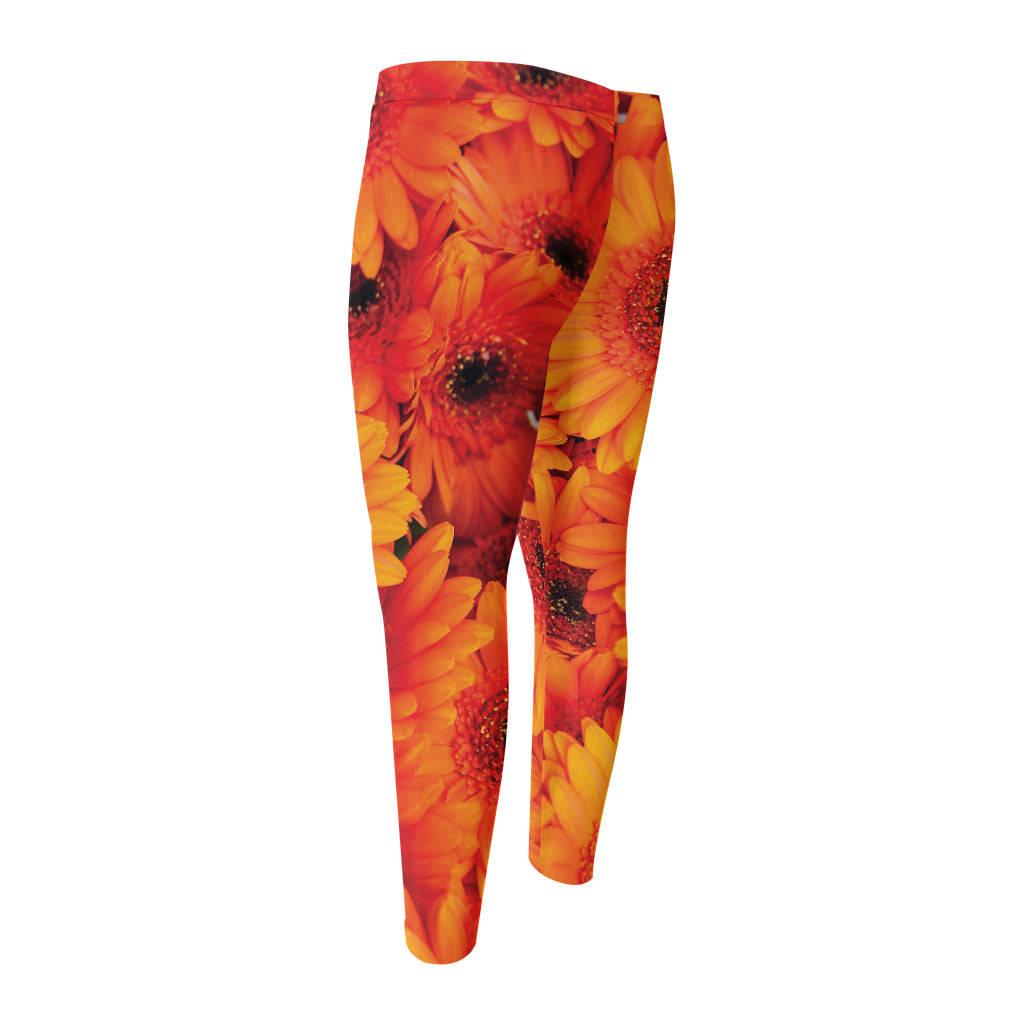 Orange Daisy Flower Print Men's Compression Pants