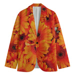 Orange Daisy Flower Print Men's Cotton Blazer