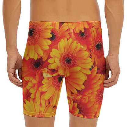 Orange Daisy Flower Print Men's Long Boxer Briefs