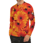 Orange Daisy Flower Print Men's Long Sleeve Rash Guard