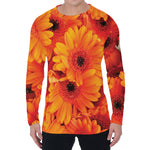 Orange Daisy Flower Print Men's Long Sleeve T-Shirt