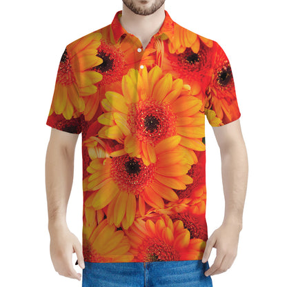 Orange Daisy Flower Print Men's Polo Shirt