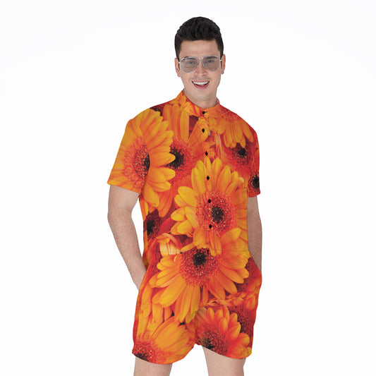 Orange Daisy Flower Print Men's Rompers