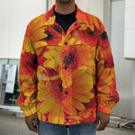 Orange Daisy Flower Print Men's Shirt Jacket