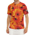 Orange Daisy Flower Print Men's Short Sleeve Rash Guard
