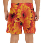 Orange Daisy Flower Print Men's Split Running Shorts