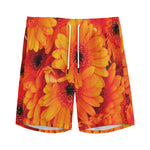 Orange Daisy Flower Print Men's Sports Shorts