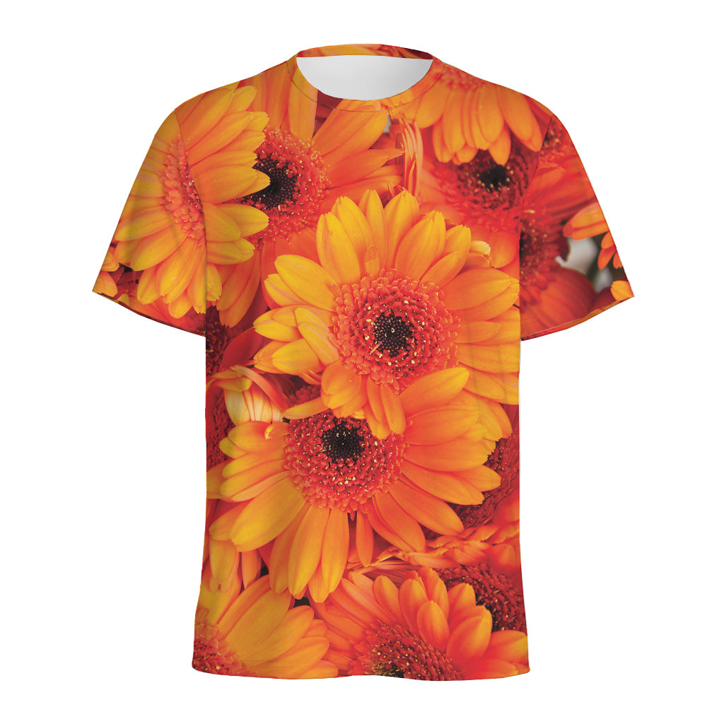 Orange Daisy Flower Print Men's Sports T-Shirt