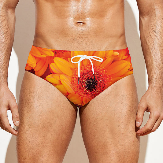 Orange Daisy Flower Print Men's Swim Briefs