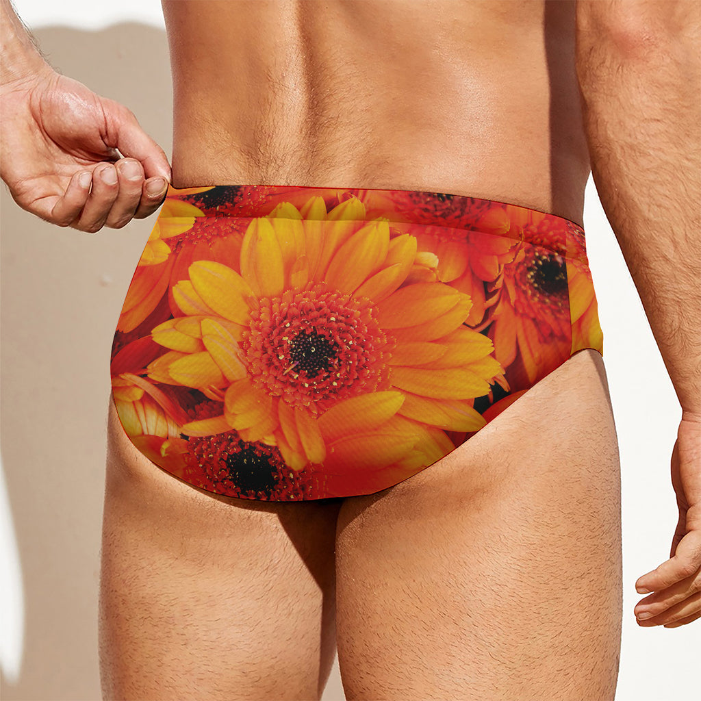 Orange Daisy Flower Print Men's Swim Briefs