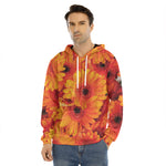 Orange Daisy Flower Print Men's Velvet Pullover Hoodie