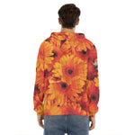 Orange Daisy Flower Print Men's Velvet Pullover Hoodie