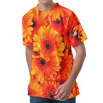 Orange Daisy Flower Print Men's Velvet T-Shirt