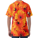 Orange Daisy Flower Print Men's Velvet T-Shirt