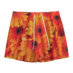 Orange Daisy Flower Print Mesh Shorts