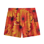 Orange Daisy Flower Print Mesh Shorts