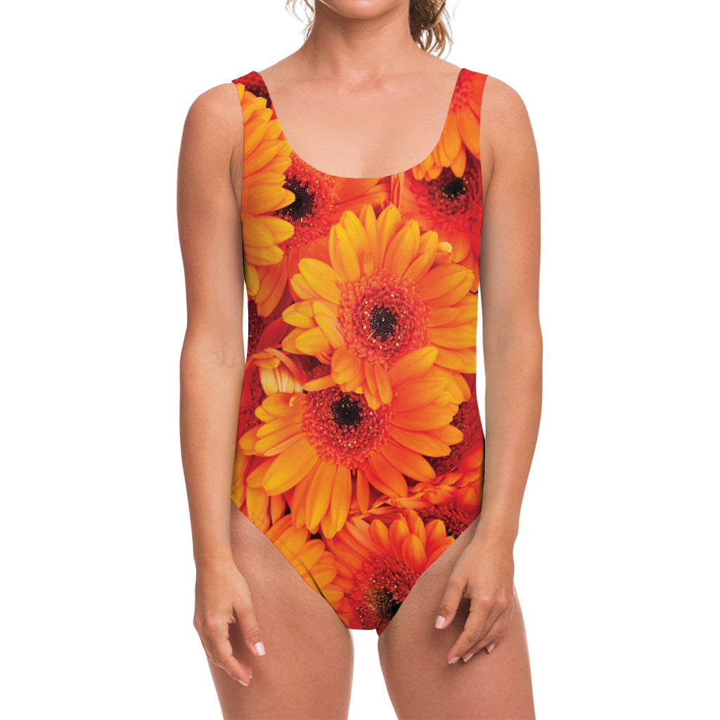 Orange Daisy Flower Print One Piece Swimsuit