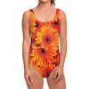 Orange Daisy Flower Print One Piece Swimsuit