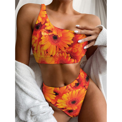 Orange Daisy Flower Print One Shoulder Bikini Top