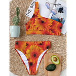 Orange Daisy Flower Print One Shoulder Bikini Top