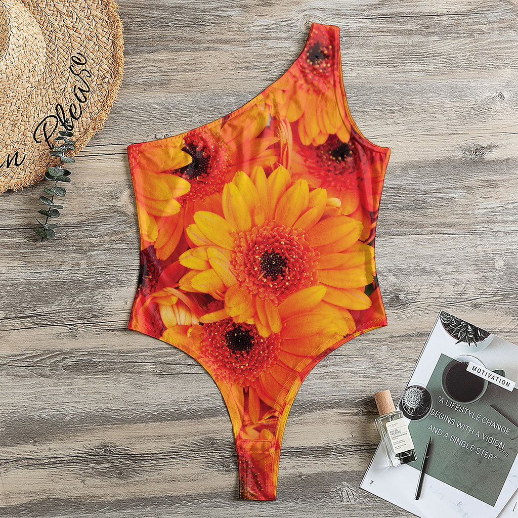 Orange Daisy Flower Print One Shoulder Bodysuit