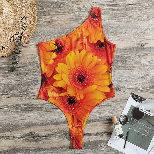 Orange Daisy Flower Print One Shoulder Bodysuit