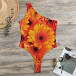 Orange Daisy Flower Print One Shoulder Bodysuit