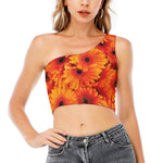 Orange Daisy Flower Print One Shoulder Crop Top