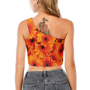 Orange Daisy Flower Print One Shoulder Crop Top