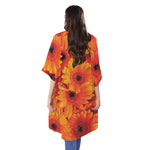 Orange Daisy Flower Print Open Front Beach Cover Up